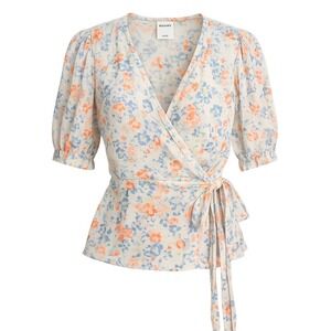 Old Navy Floral Wrap Top L Multi-Color Puff Sleeve Cottagecore Boho Top